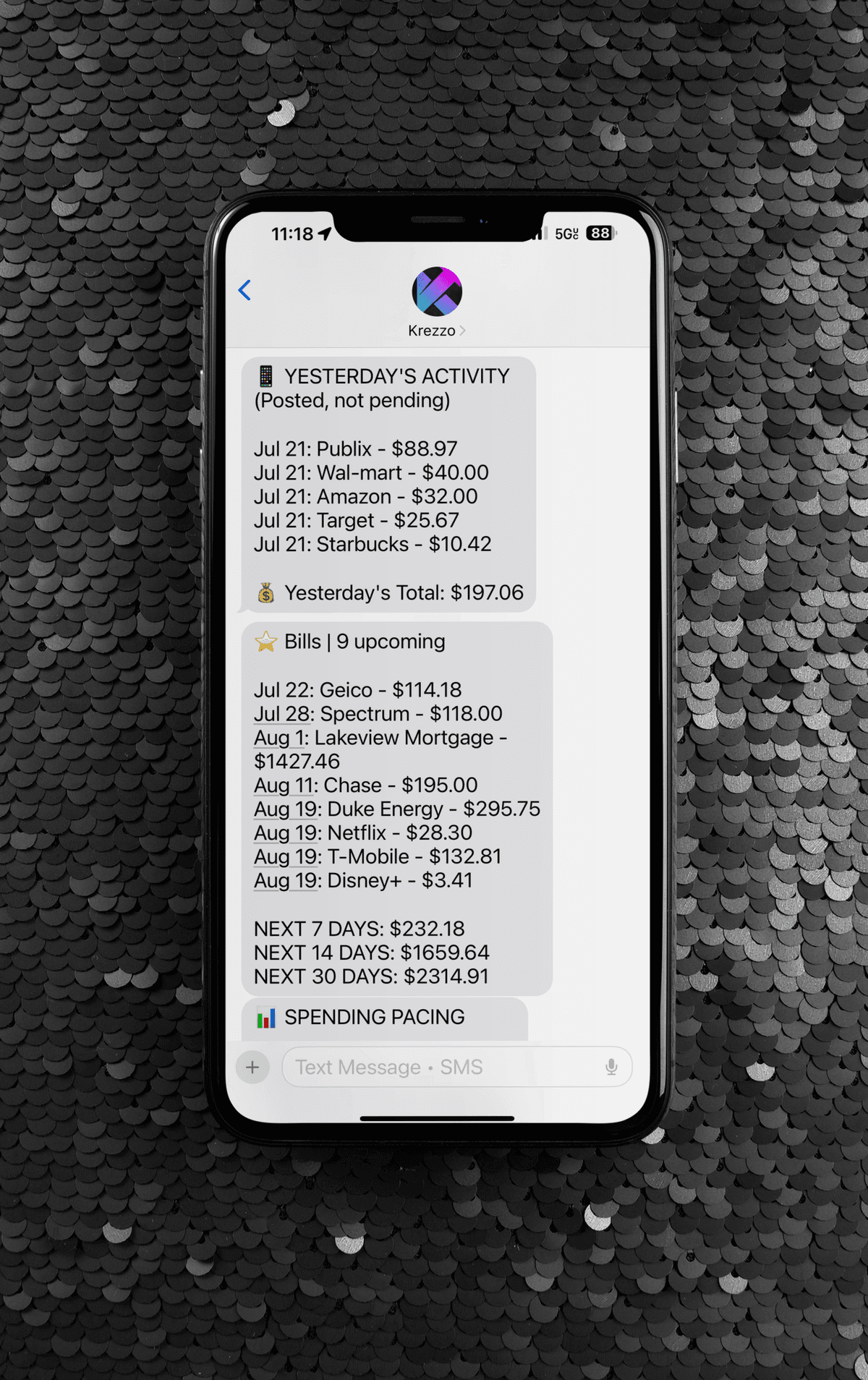 Krezzo alerts and notifications showing financial insights on mobile device