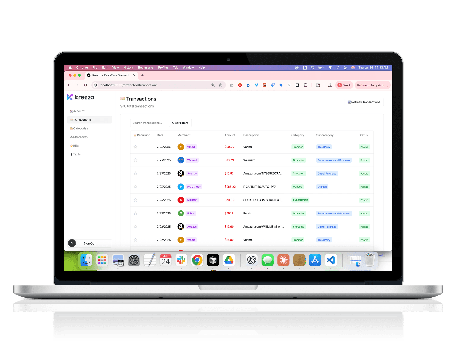 Example of Krezzo money text messages showing spending insights and alerts
